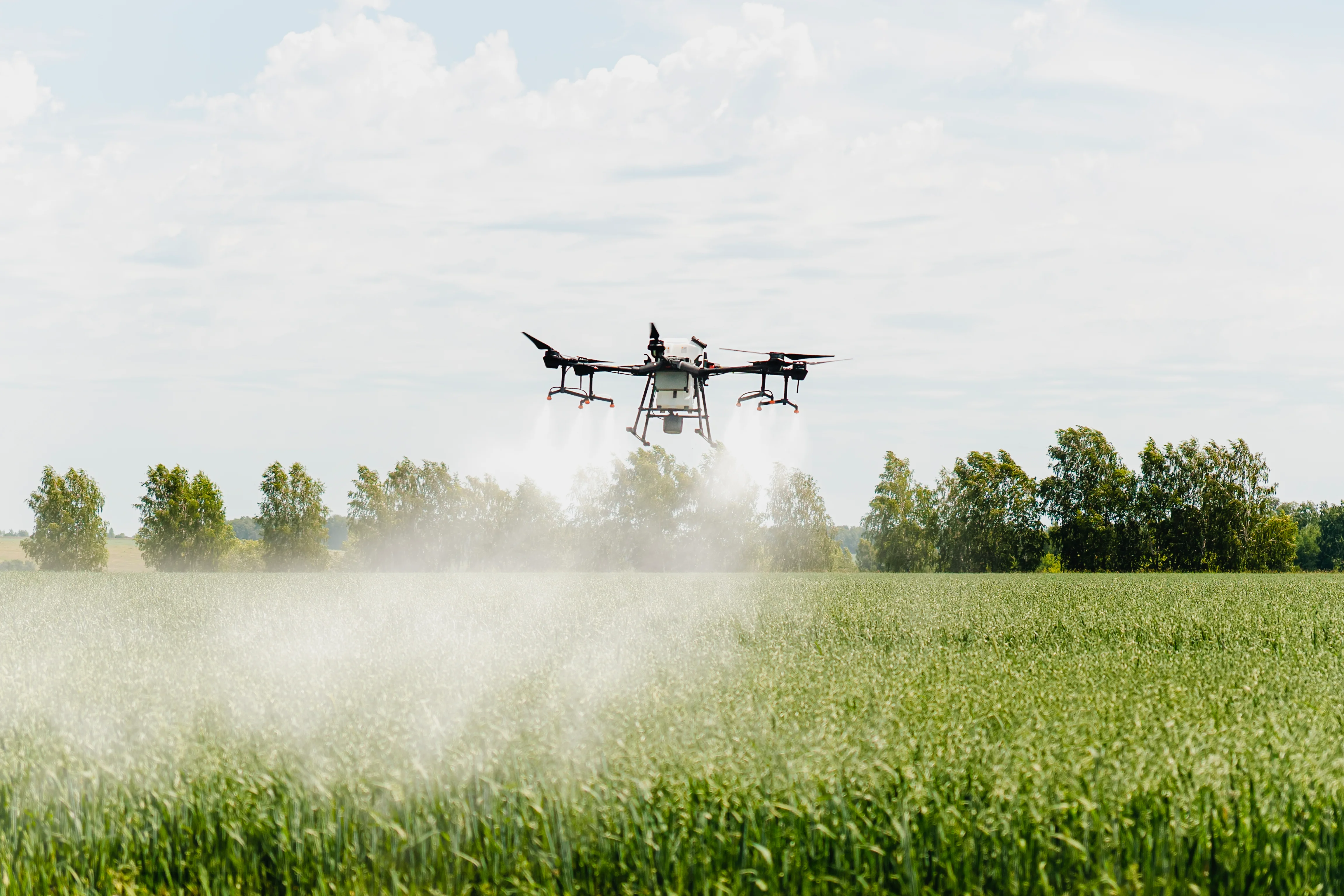 Dronă agricolă Agras în zbor deasupra unui câmp, pulverizând substanțe de tratament