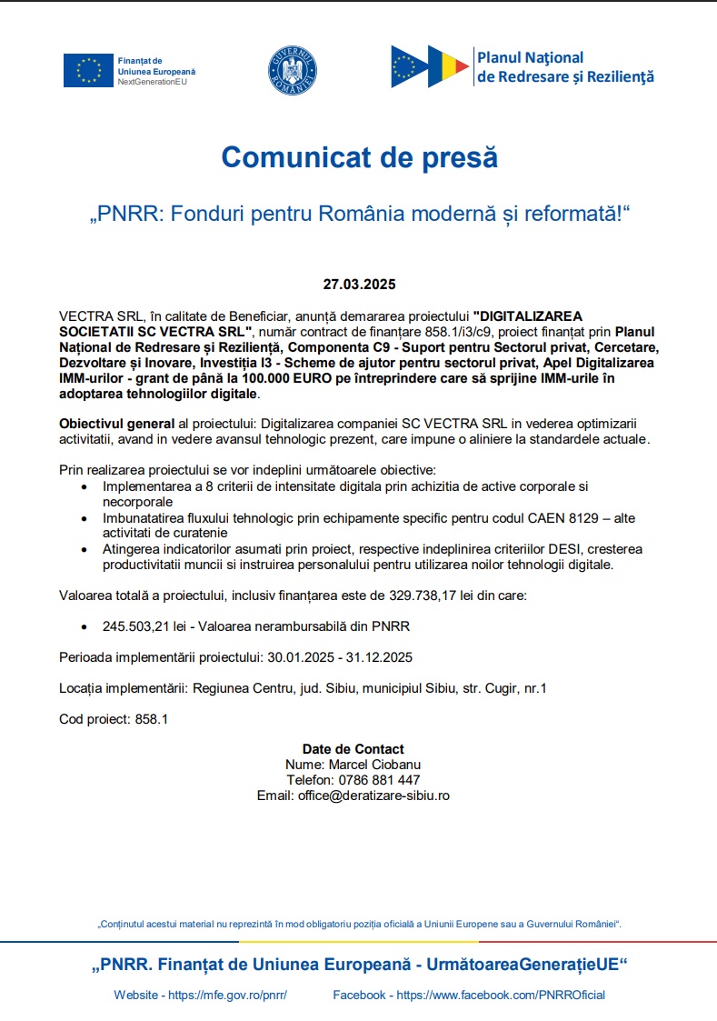Banner informativ Digitalizare PNRR - Proiect finanțat prin Planul Național de Redresare și Reziliență